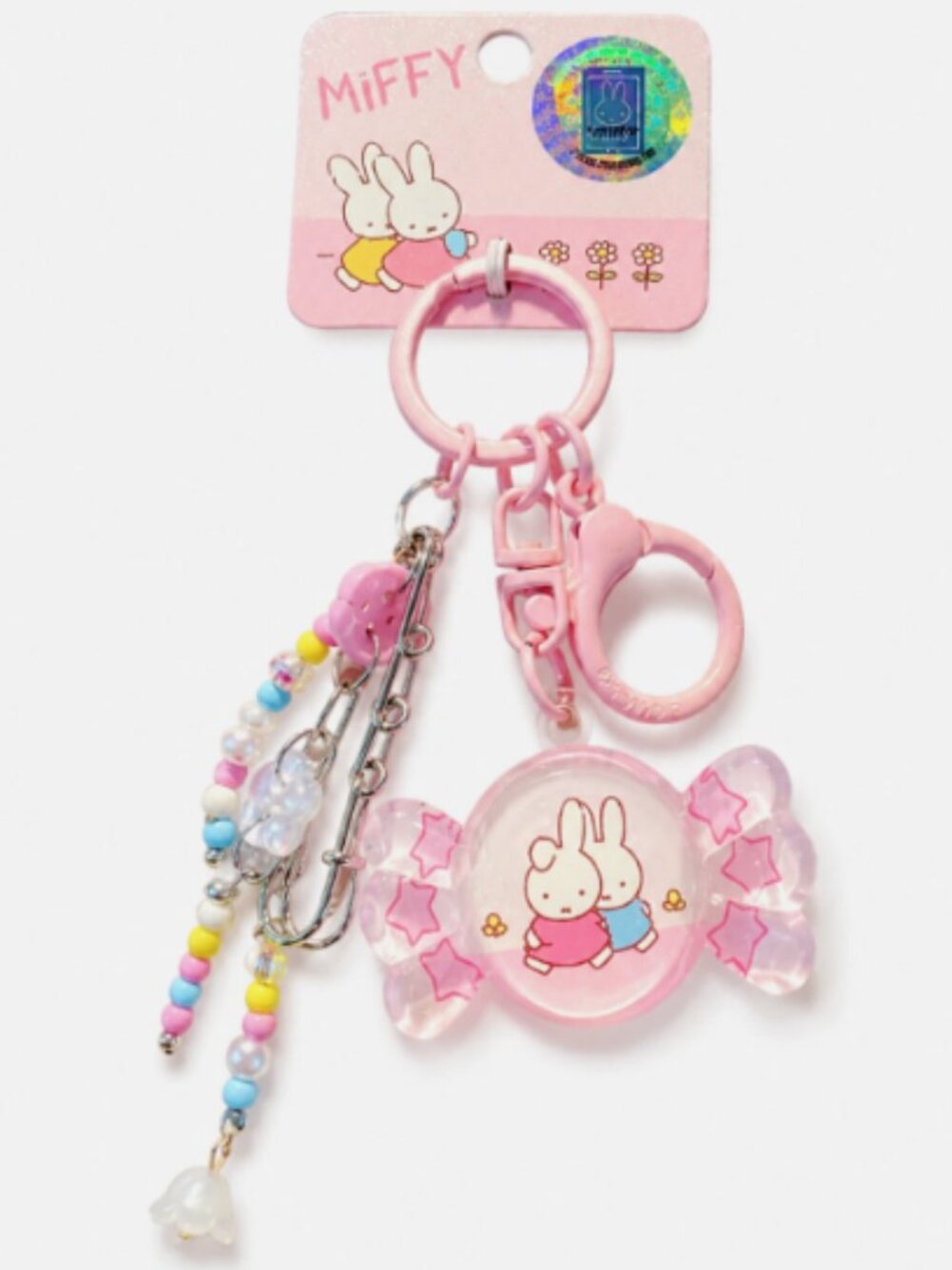 New Miffy Candy Twins Key Fob Keychain Charm Bag Holder Flower Clip PINK Beade
